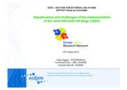 Opportunities and challenges of the implementation of the Joint Africa-EU Strategy (JAES) (Oportunidades e desafios da Implementação da Estratégia Conjunta África-UE), por Faten Aggad, Fernanda Faria e Andrew Sherriff